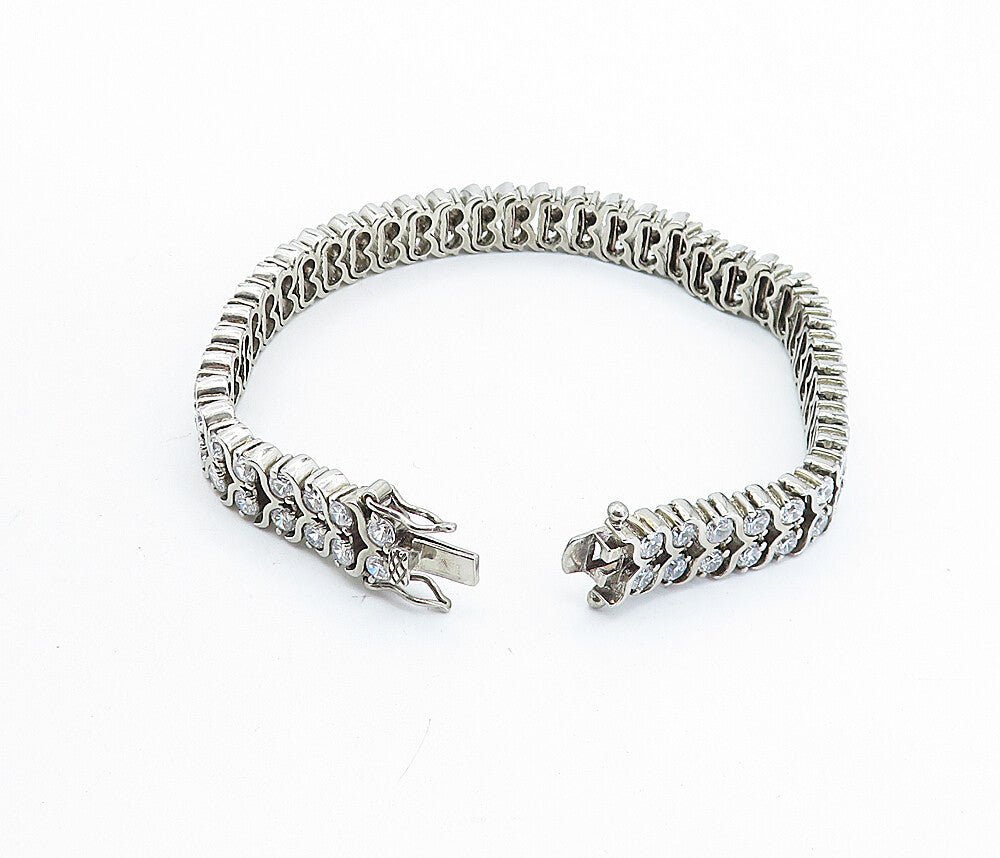 925 Sterling Silver  Vintage Cubic Zirconia Two Row Chain Bracelet  BT2364