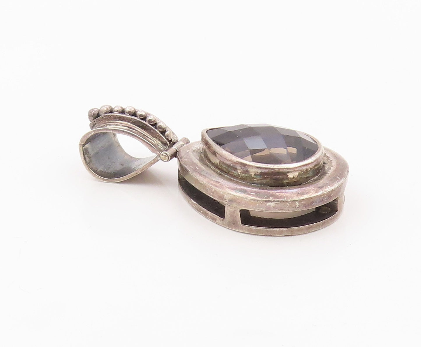 925 Sterling Silver  Vintage Tear Drop Smoky Topaz Pendant  PT18909