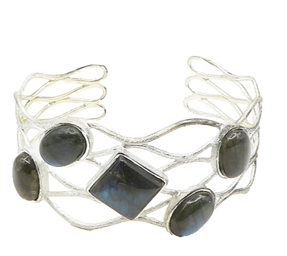 925 Sterling Silver  Vintage Cabochon Labradorite Wavy Cuff Bracelet  BT7579