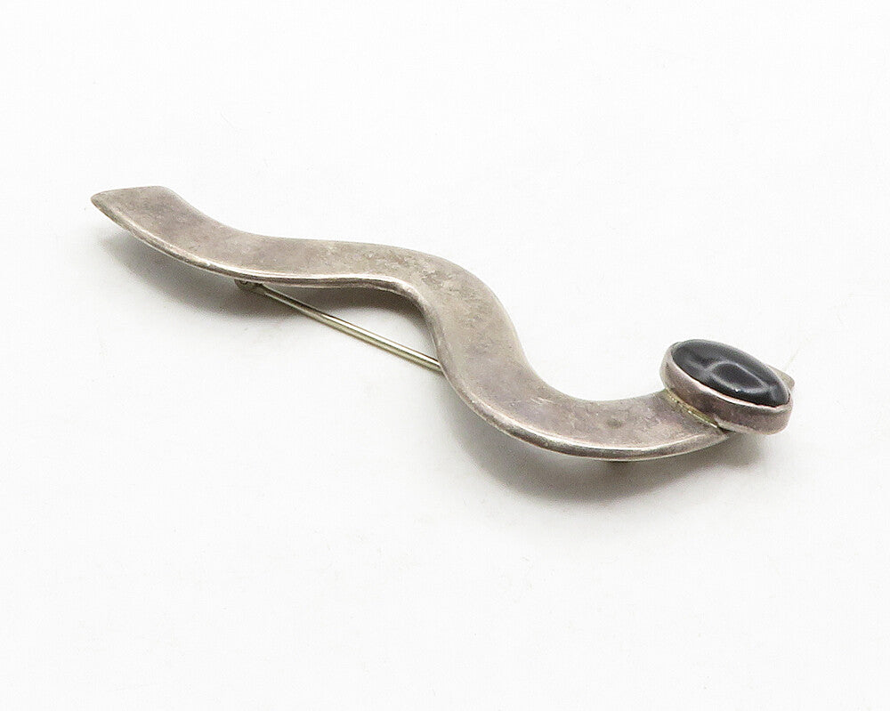 MEXICO 925 Sterling Silver  Vintage Black Onyx Modernist Brooch Pin  BP4925