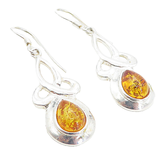 925 Sterling Silver  Cabochon Cut Amber Pretzel Knot Dangle Earrings  EG3667