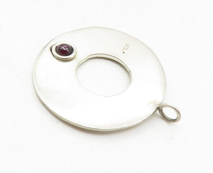 925 Sterling Silver  Vintage Cabochon Cut Garnet Open Circle Pendant  PT7030