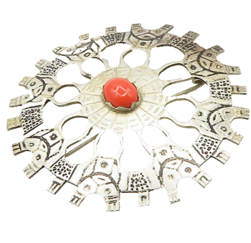 ECUADOR 925 Silver  Vintage Coral Traditional Statue Pattern Brooch Pin BP7745
