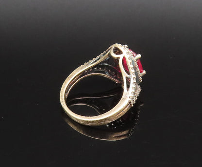 925 Sterling Silver  Vintage Fancy Red & White Topaz Halo Ring Sz 6  RG25891