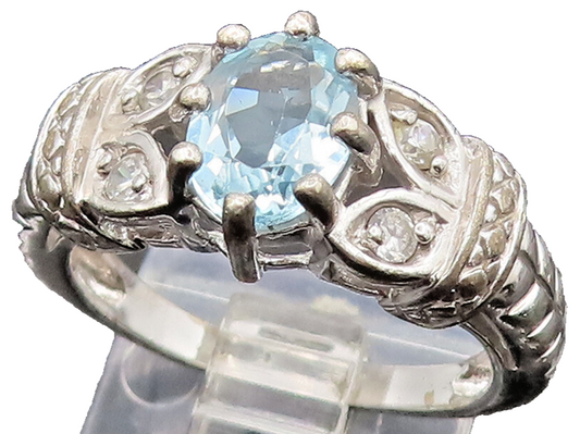 925 Silver  Vintage Fancy Blue & White Topaz Leaf Shank Ring Sz 6.75  RG26281