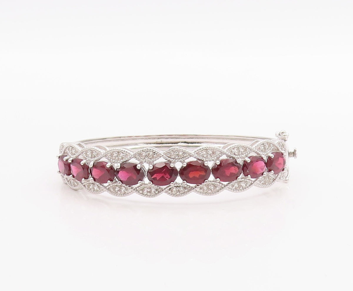925 Sterling Silver Vintage Bracelet Oval Ruby & CZ Triple Row Bangle  BT11393