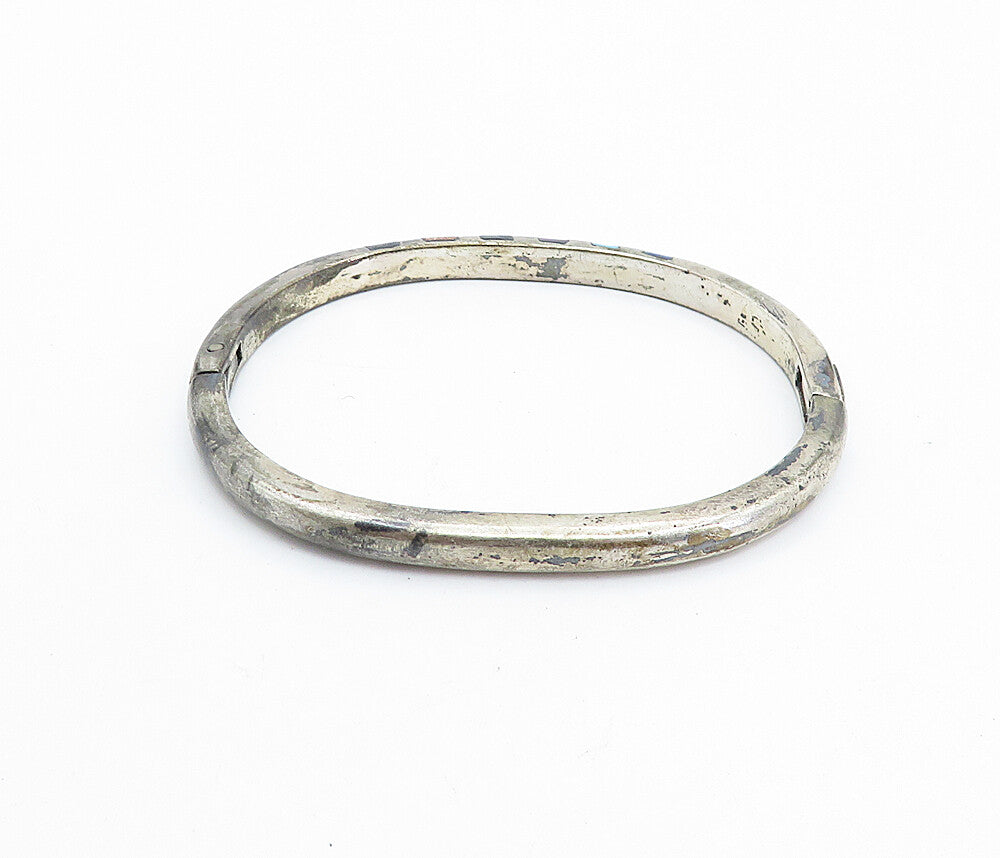 MEXICO 925 Silver Vintage Multi Gemstone Striped Oval Bangle Bracelet BT2981