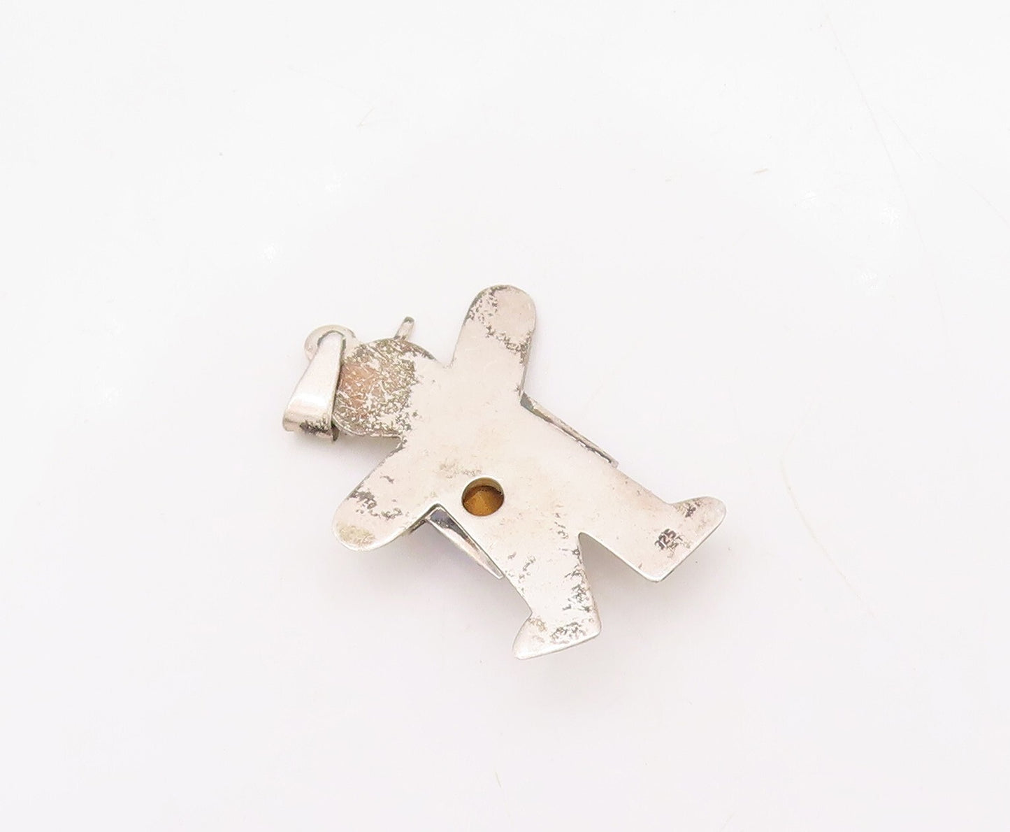 925 Sterling Silver Vintage Pendant Solid Carved Boy With Blue CZ Heart  PT23652