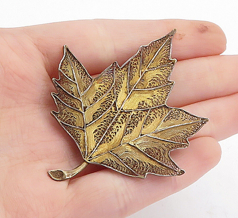 PORTUGAL 925 Sterling Silver  Vintage Filigree Autumn Leaf Brooch Pin  BP1363