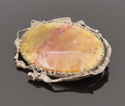 925 Sterling Silver  Vintage Unique Wavy Edge Plume Agate Brooch Pin  BP10213