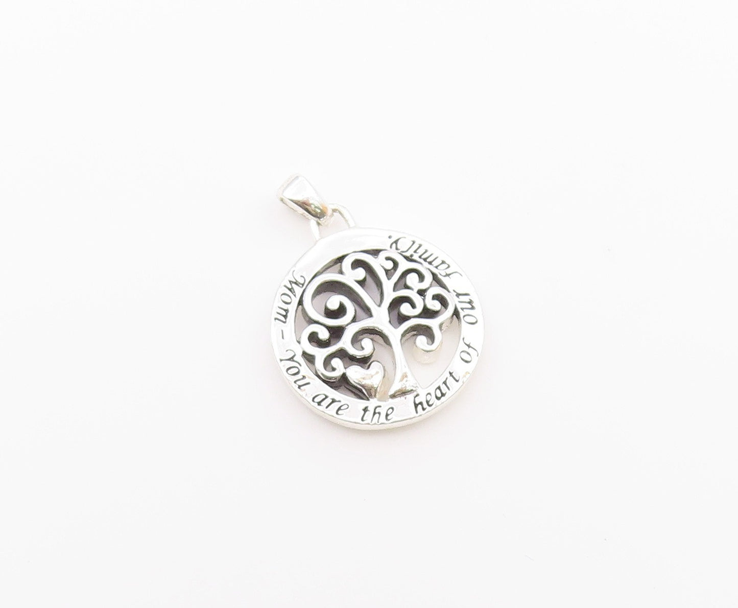925 Sterling Silver  Vintage Shiny Mom Heart Of Family Tree Pendant  PT19153