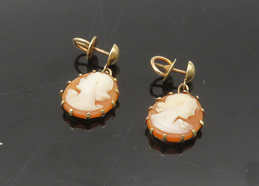 10K GOLD  Vintage Antique Woman Profile Cameo Drop Earrings  GE068