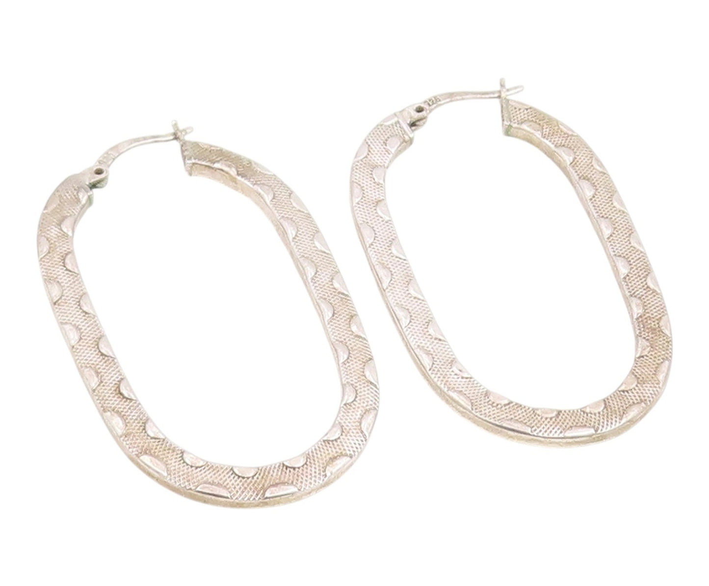 925 Sterling Silver Vintage Earrings Modernist Textured Oval Hoops  EG14258