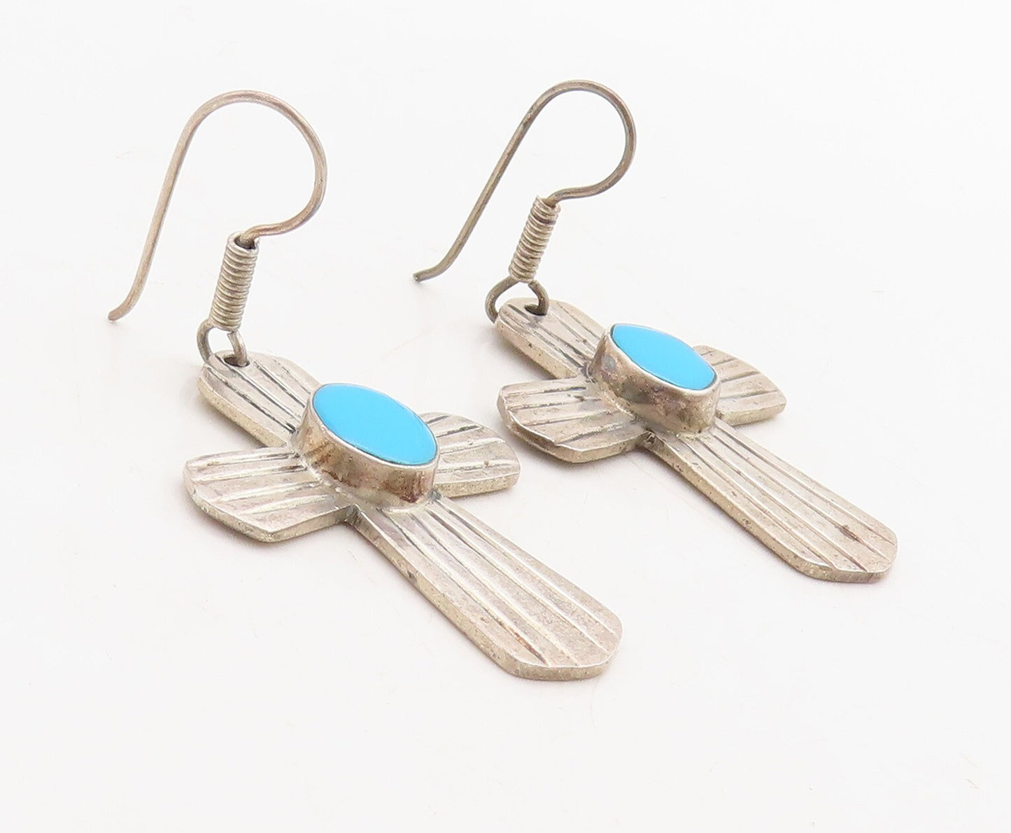 925 Sterling Silver Vintage Earrings MEXICO Larimar Grooved Cross  EG13280