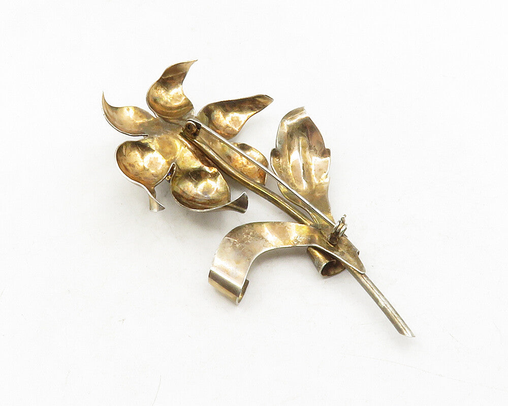 925 Sterling Silver  Vintage Blue Topaz Sculpted Flower Brooch Pin  BP4656