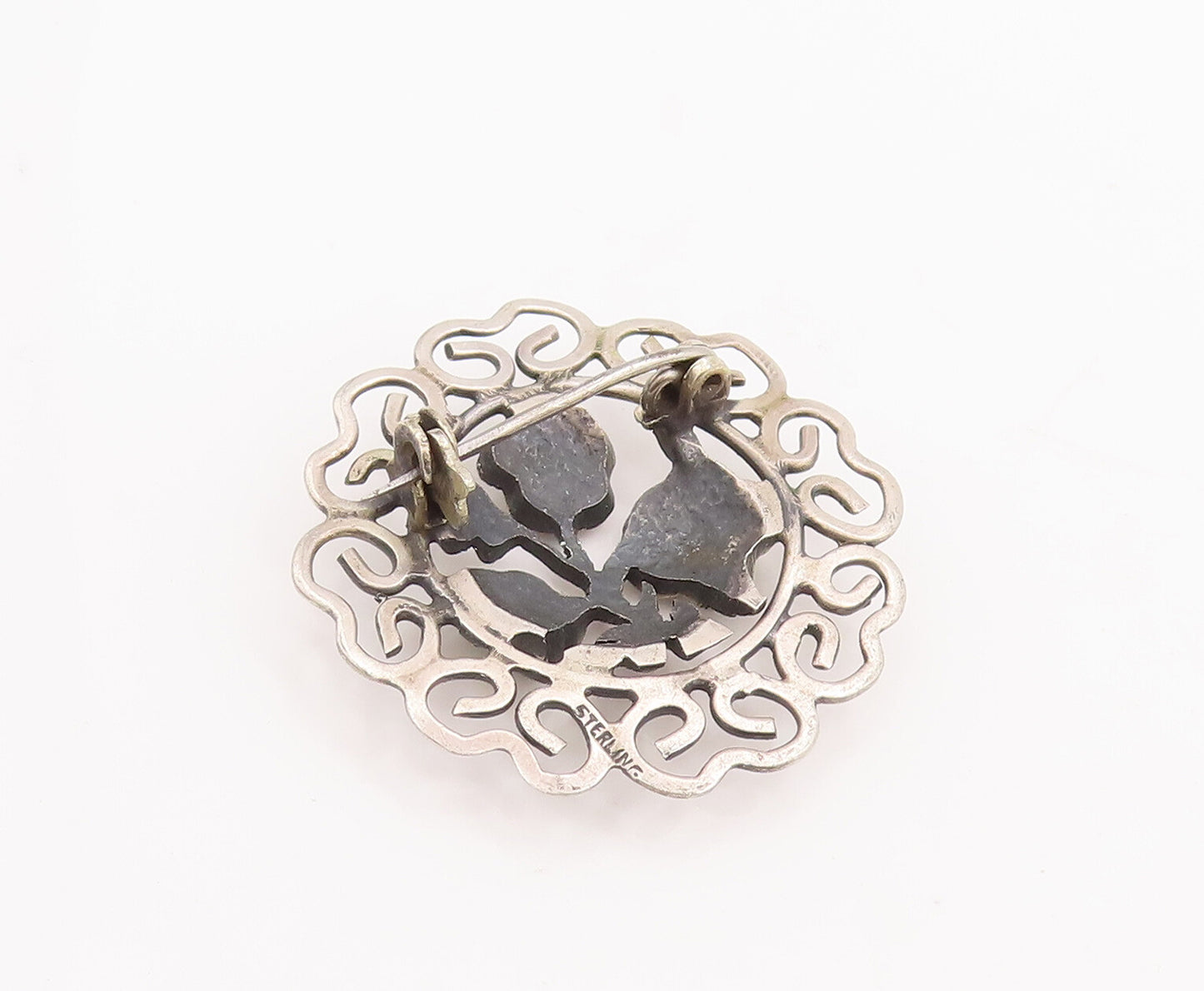 925 Sterling Silver Vintage Brooch Pin Cutout Round Turquoise Flower  BP11123