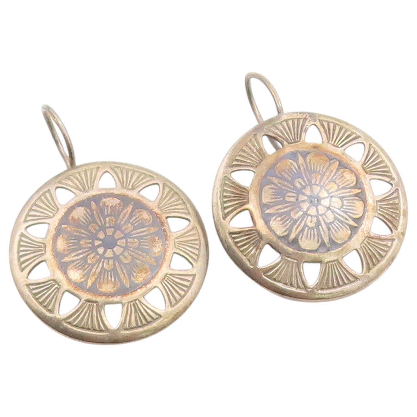 925 Sterling Silver Vintage Earrings Bold Etched Floral Mandala Cutout  EG14481