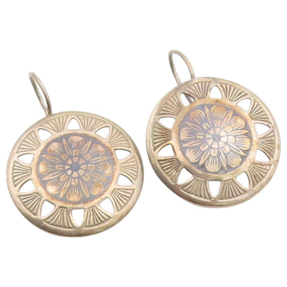 925 Sterling Silver Vintage Earrings Bold Etched Floral Mandala Cutout  EG14481