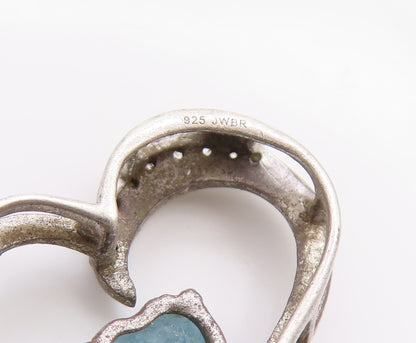 925 Sterling Silver Vintage Pendant Blue Topaz Tilted Love Heart Charm  PT25065