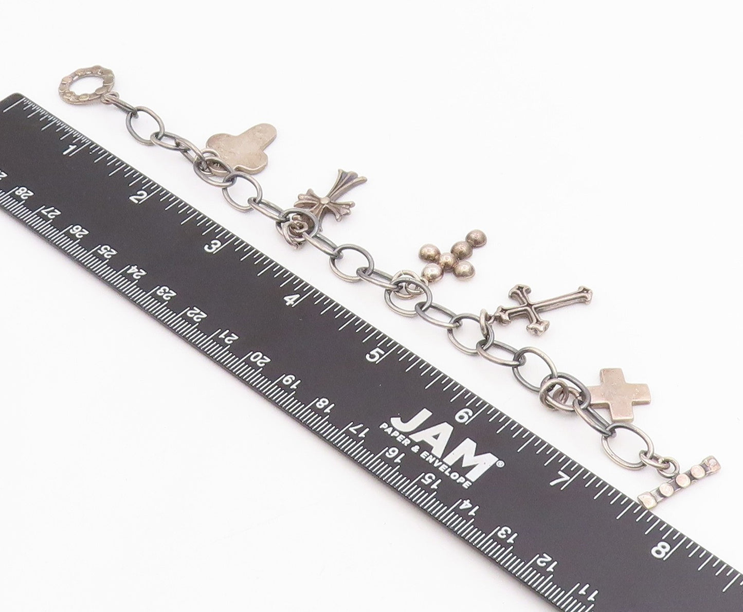 925 Sterling Silver Vintage Bracelet MEXICO Religious Cross Charms Link  BT11866