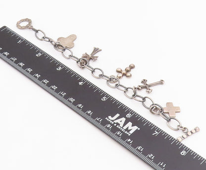 925 Sterling Silver Vintage Bracelet MEXICO Religious Cross Charms Link  BT11866
