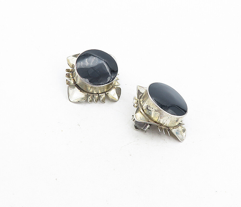 MEXICO 925 Sterling Silver Vintage Black Onyx Non Pierce Earrings EG4036