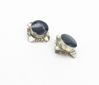 MEXICO 925 Sterling Silver Vintage Black Onyx Non Pierce Earrings EG4036