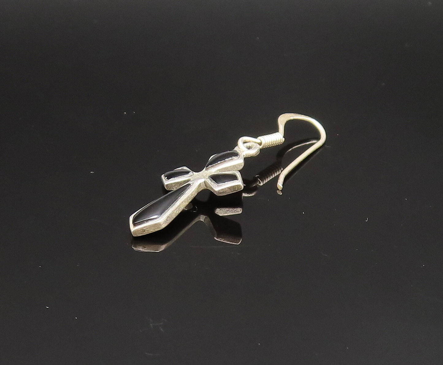 925 Sterling Silver  Vintage Black Onyx Religious Cross Earrings  EG11809