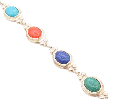 C. CO 925 Silver  Lapis Lazuli Turquoise & Coral Shiny Chain Bracelet  BT3000