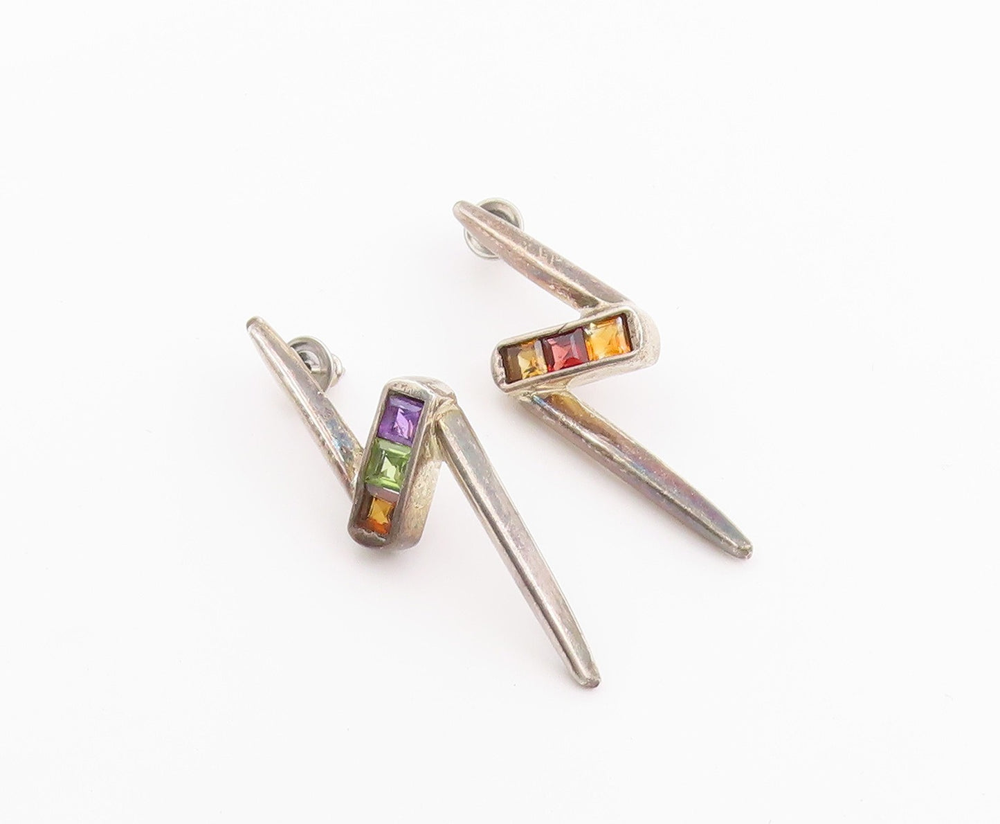 925 Sterling Silver Vintage Earrings MEXICO Gemstone Lightning Bolt Stud EG14426