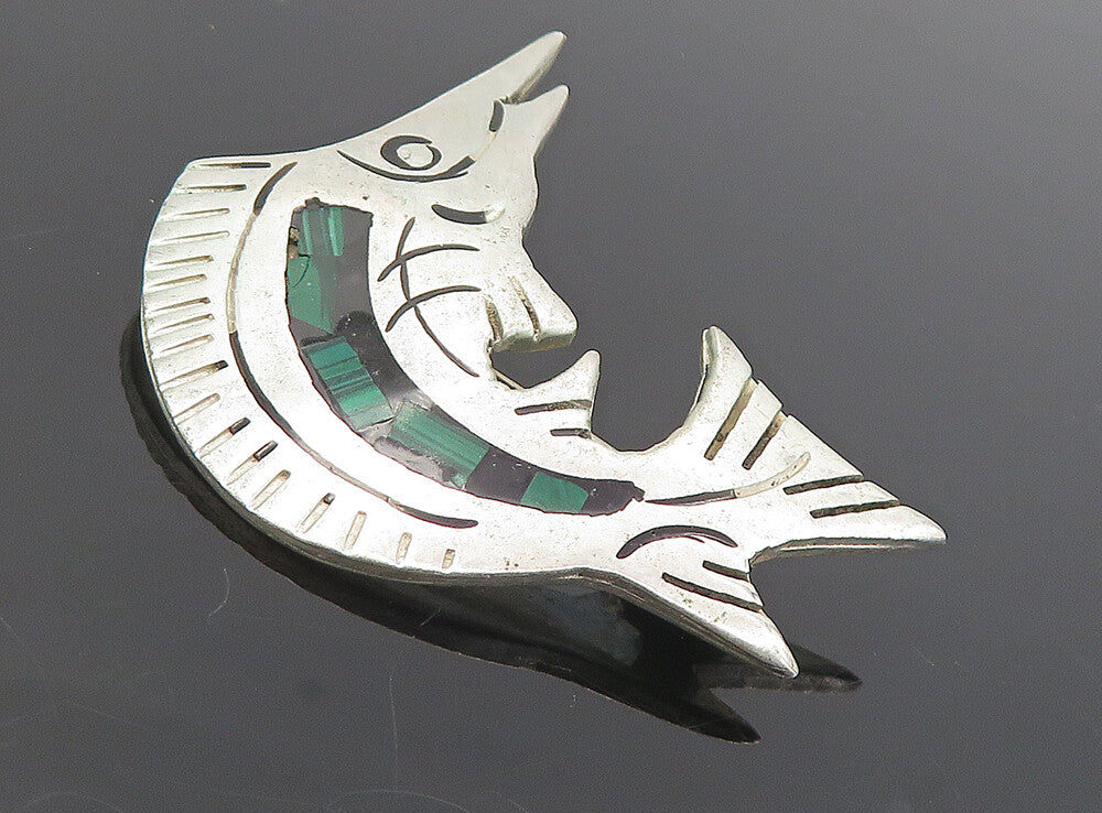 MEXICO 925 Silver  Vintage Malachite Mosaic Swordfish Motif Brooch Pin  BP3112