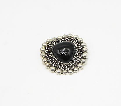 MEXICO 925 Silver Vintage Black Onyx Love Heart Pendant Brooch Pin BP1041