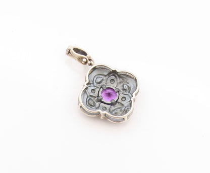 925 Sterling Silver Vintage Pendant Dark Tone Amethyst Floral Carved   PT24099
