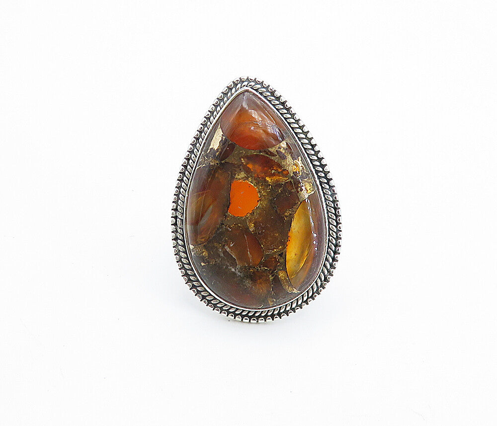 925 Sterling Silver  Pear Shaped Carnelian Wheat Cocktail Ring Sz 8  RG7763