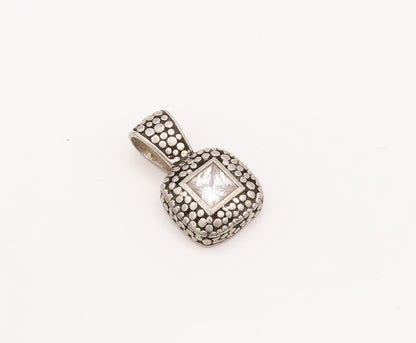 925 Sterling Silver Vintage Pendant Square Cut CZ Pebble Effect Carved   PT23093