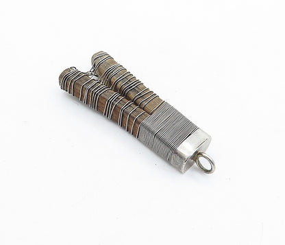 925 Sterling Silver  Vintage Modernist Wire Wrapped Wooden Pendant  PT4395