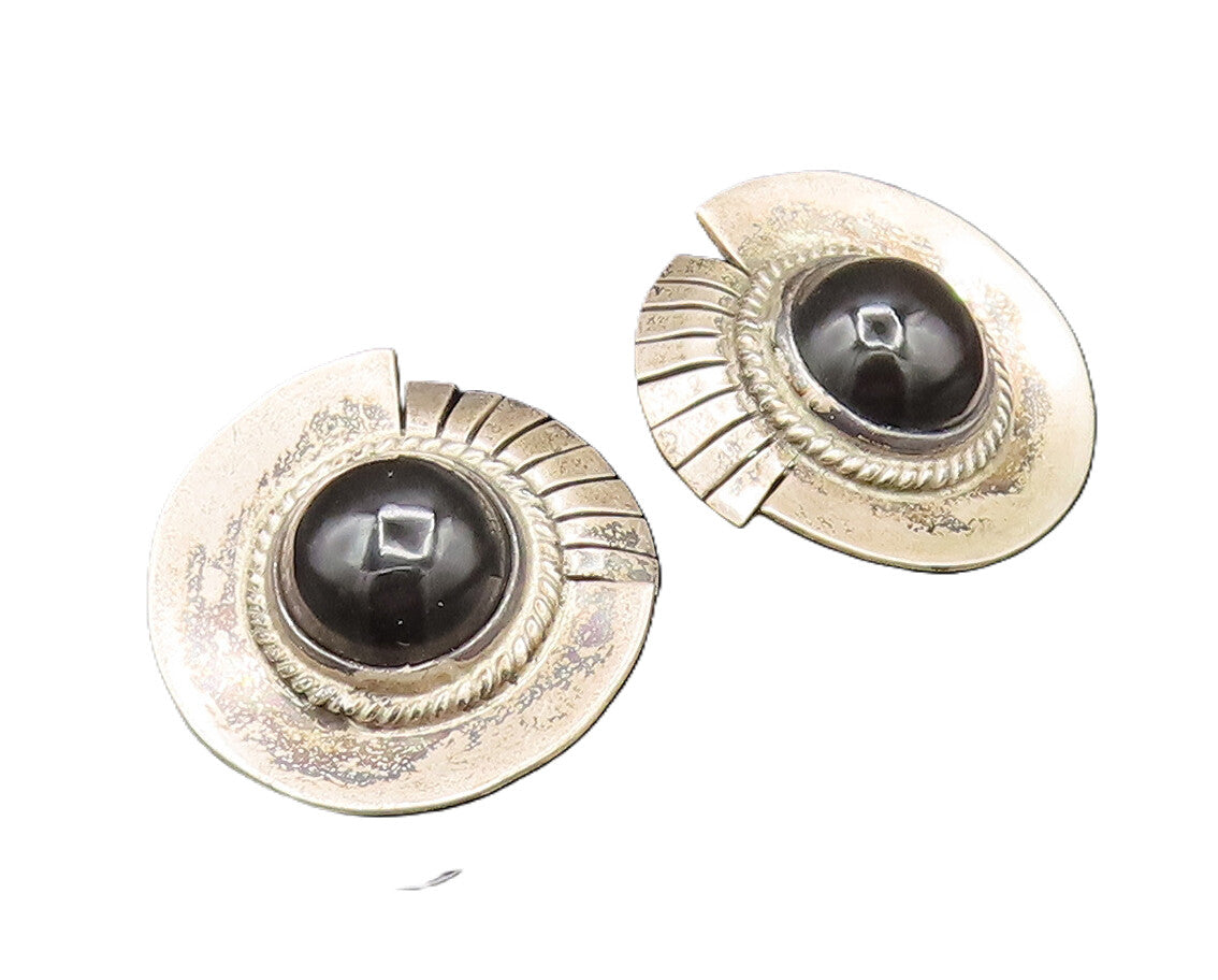 MEXICO 925 Silver  Vintage Round Black Onyx Non Pierced Earrings  EG11945