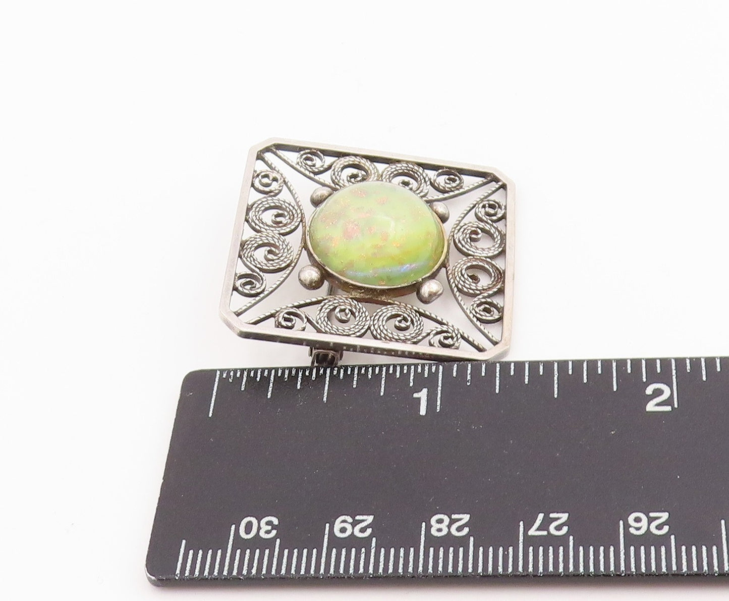 925 Sterling Silver Vintage Brooch Round Cabochon Gemstone Filigree Pin  BP11997