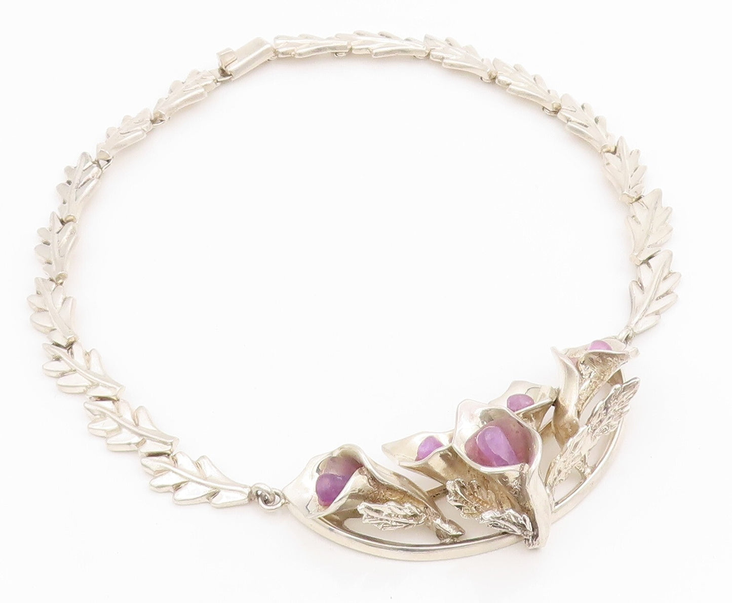 925 Sterling Silver Vintage Necklace MEXICO Heavy Cutout Gemstone Lily  NE4476