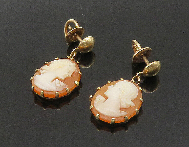 10K GOLD  Vintage Antique Woman Profile Cameo Drop Earrings  GE068