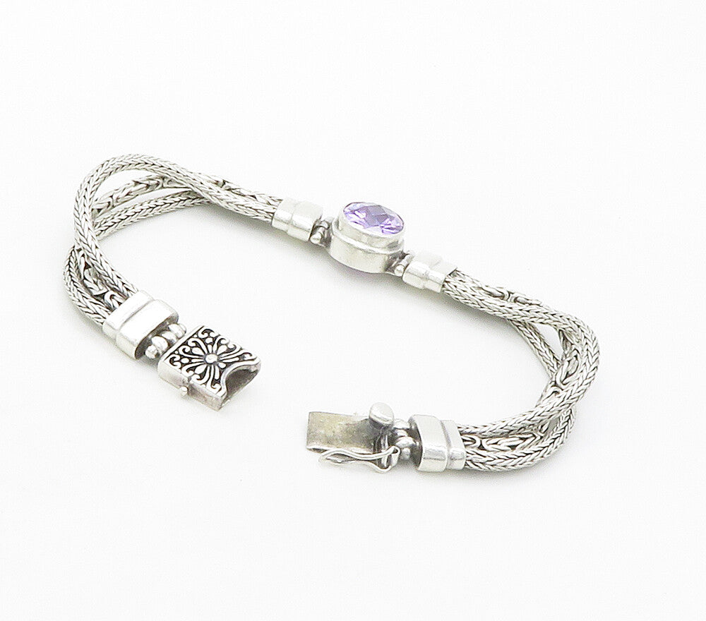 925 Silver  Vintage Purple Cubic Zirconia Byzantine Chain Bracelet  BT6578