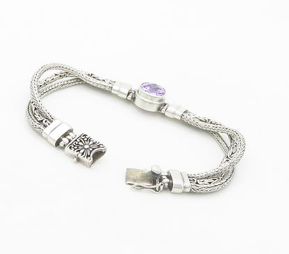 925 Silver  Vintage Purple Cubic Zirconia Byzantine Chain Bracelet  BT6578