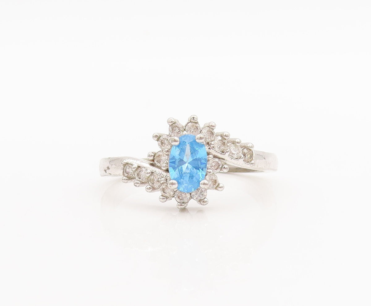 925 Sterling Silver Vintage Ring Designer Oval Blue & White CZ  Sz 7  RG28965
