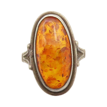 925 Sterling Silver Vintage Ring POLAND Large Oval Honey Amber  Sz 6  RG32821