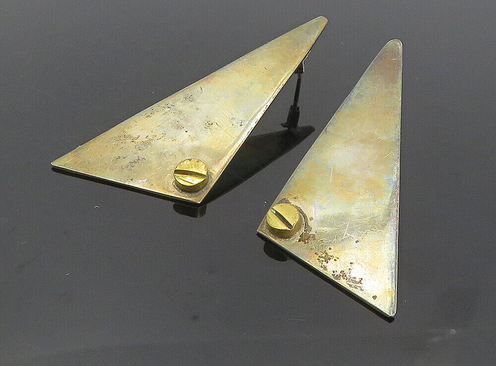 MEXICO 925 Sterling Silver  Vintage Dark Tone Triangle Drop Earrings  EG4246