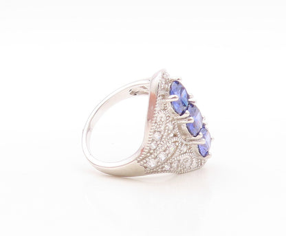 925 Sterling Silver Vintage Ring Bead Carved Sapphire & CZ Inlay  Sz 7  RG30942