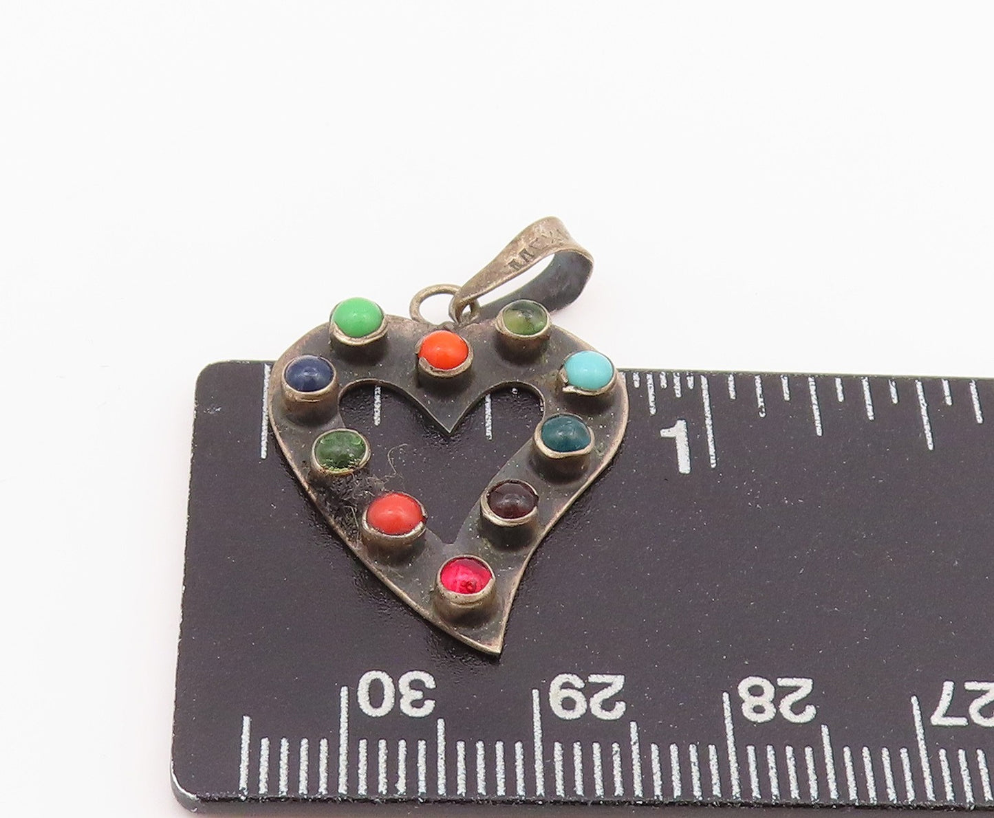925 Sterling Silver Vintage Pendant Antique Gemstone Cutout Heart  PT24273