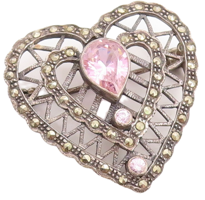 925 Sterling Silver Vintage Brooch Pin Dark Tone Designer Cut CZ Heart  BP11420