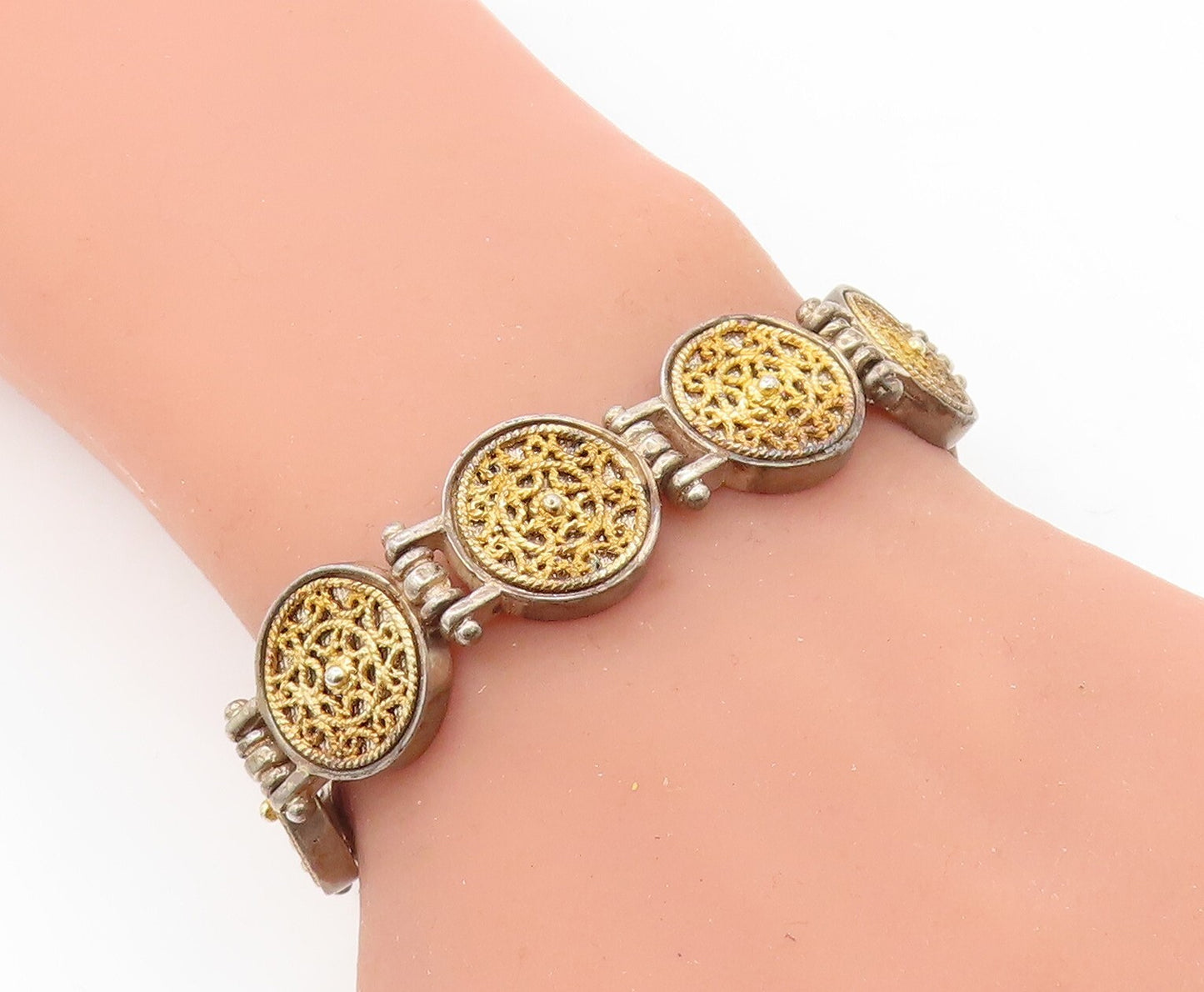 925 Sterling Silver Vintage Antique 2 Tone Swirl Twist Chain Bracelet BT2906