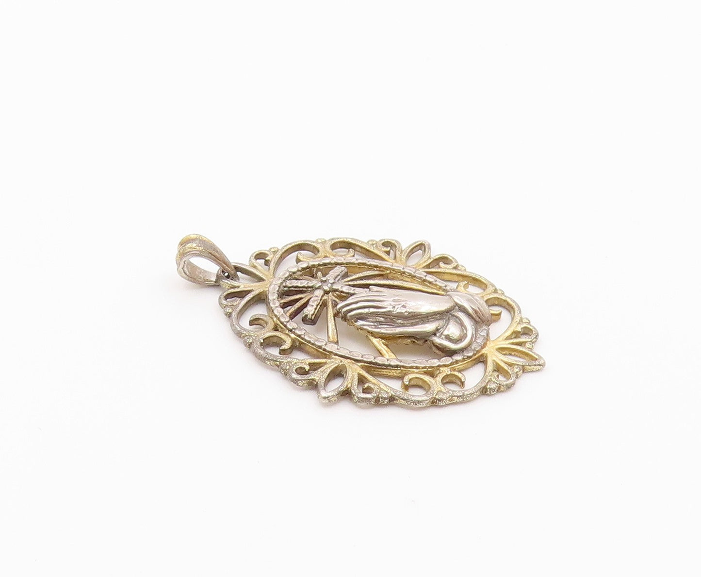 925 Sterling Silver  Vintage Two Tone Prayer Hands & Cross Pendant  PT17794